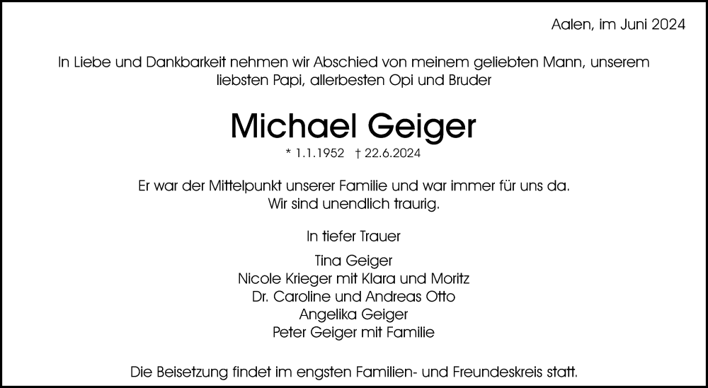  Traueranzeige für Michael Geiger vom 28.06.2024 aus Schwäbische Post