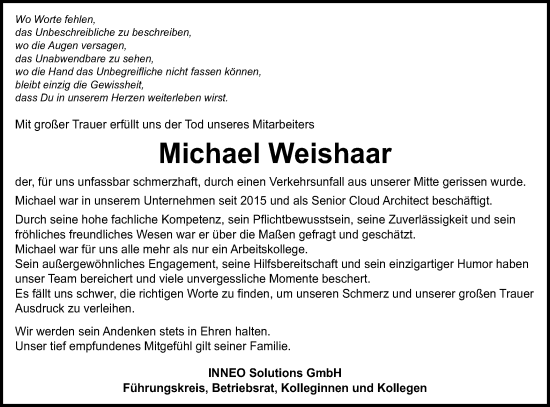 Traueranzeige von Michael Weishaar von Schwäbische Post