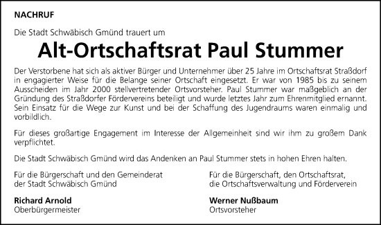 Traueranzeige von Paul Stummer von Gmünder Tagespost