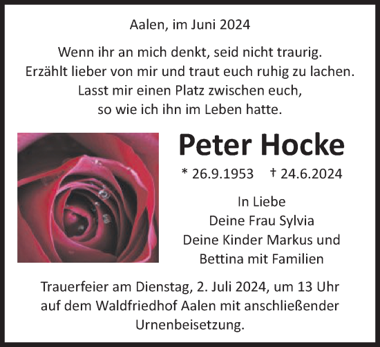 Traueranzeige von Peter Hocke von Schwäbische Post