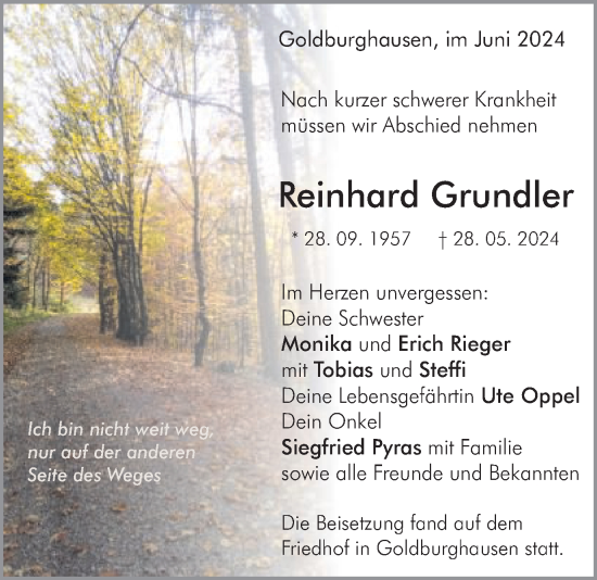 Traueranzeige von Reinhard Grundler von Schwäbische Post