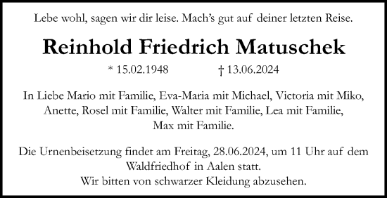 Traueranzeige von Reinhold Friedrich Matuschek von Schwäbische Post
