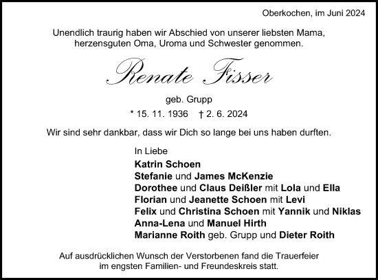 Traueranzeige von Renate Fisser von Schwäbische Post