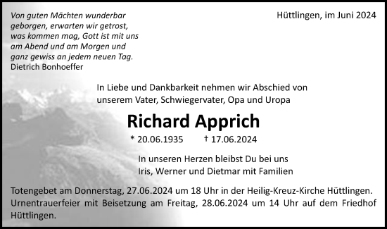 Traueranzeige von Richard Apprich von Schwäbische Post