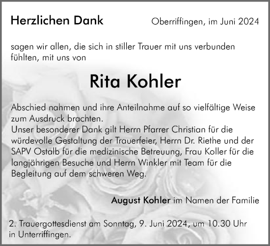 Traueranzeige von Rita Kohler von Schwäbische Post