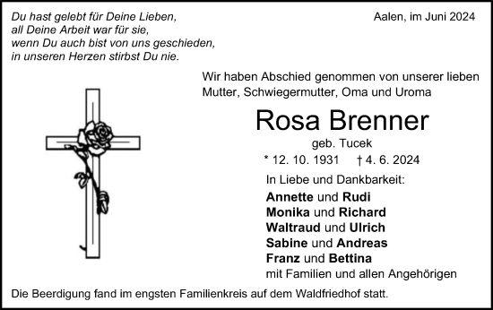 Traueranzeige von Rosa Brenner von Schwäbische Post