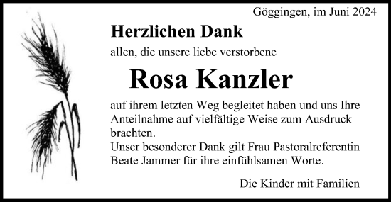 Traueranzeige von Rosa Kanzler von Gmünder Tagespost