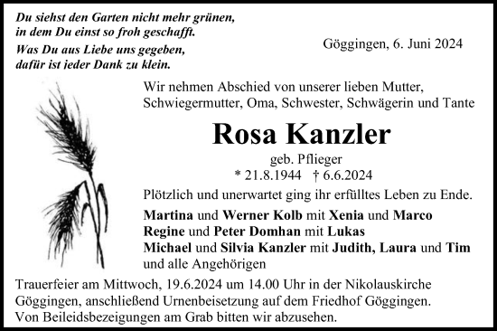 Traueranzeige von Rosa Kanzler von Gmünder Tagespost