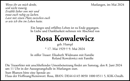 Traueranzeige von Rosa Kowalewicz von Gmünder Tagespost