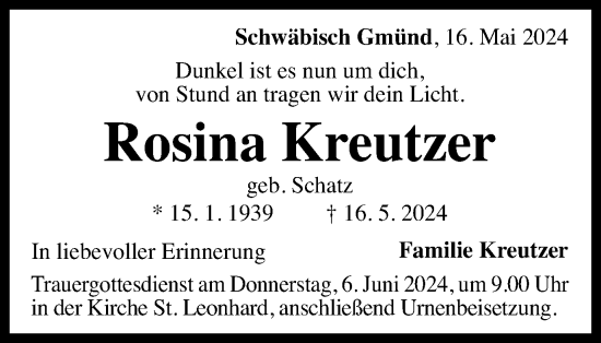 Traueranzeige von Rosina Kreutzer von Gmünder Tagespost