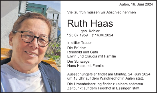 Traueranzeige von Ruth Haas von Schwäbische Post