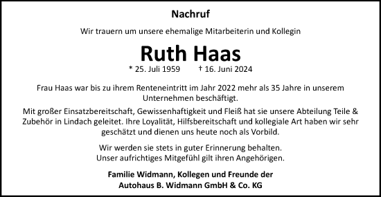 Traueranzeige von Ruth Haas von Schwäbische Post