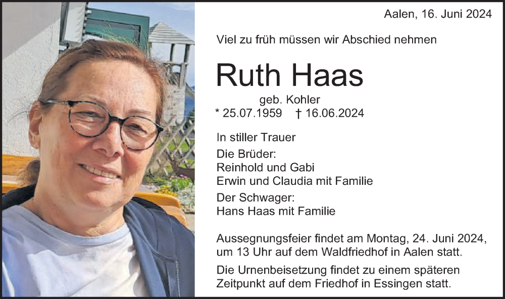  Traueranzeige für Ruth Haas vom 19.06.2024 aus Schwäbische Post