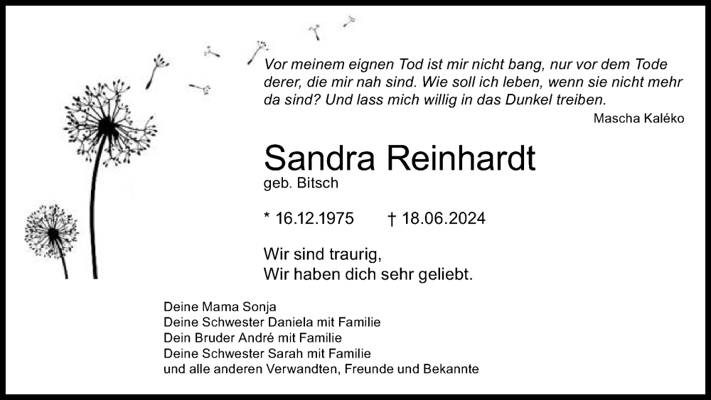  Traueranzeige für Sandra Reinhardt vom 26.06.2024 aus Gmünder Tagespost
