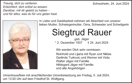 Traueranzeige von Siegtrud Rauer von Schwäbische Post