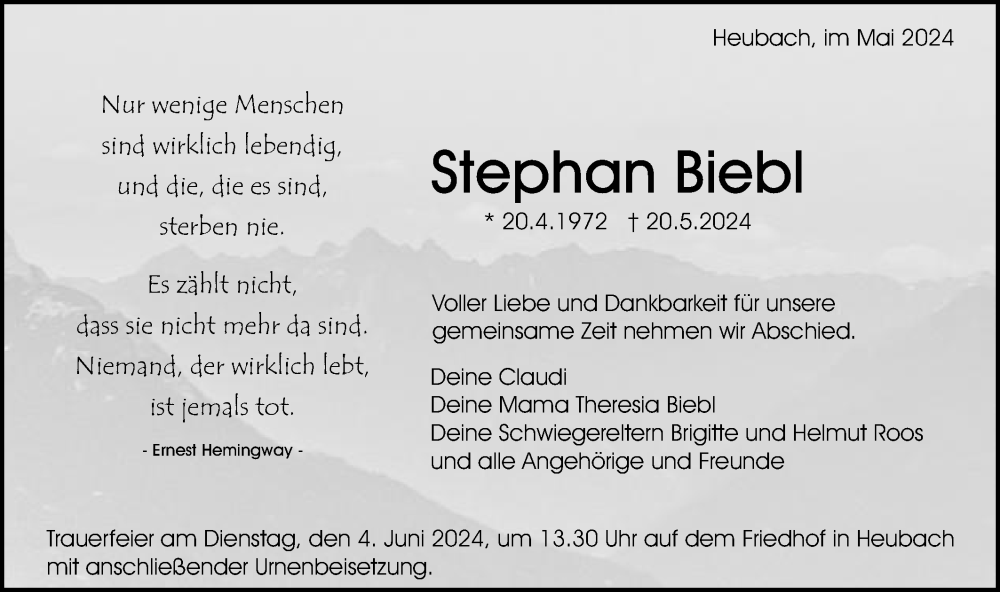  Traueranzeige für Stephan Biebl vom 01.06.2024 aus Gmünder Tagespost