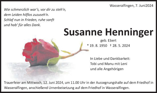 Traueranzeige von Susanne Henninger von Schwäbische Post