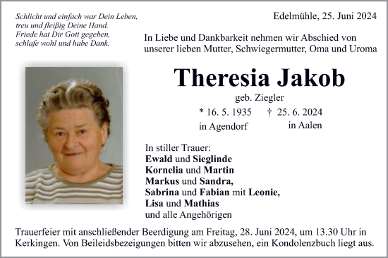 Traueranzeige von Theresia Jakob von Schwäbische Post