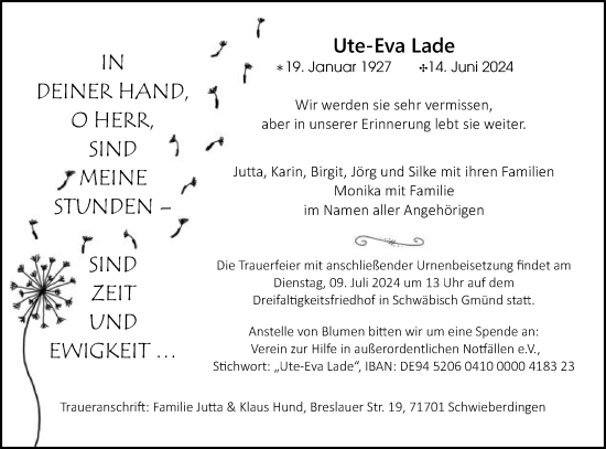 Traueranzeige von Ute-Eva Lade von Gmünder Tagespost