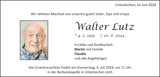 Traueranzeige von Walter Lutz von Schwäbische Post