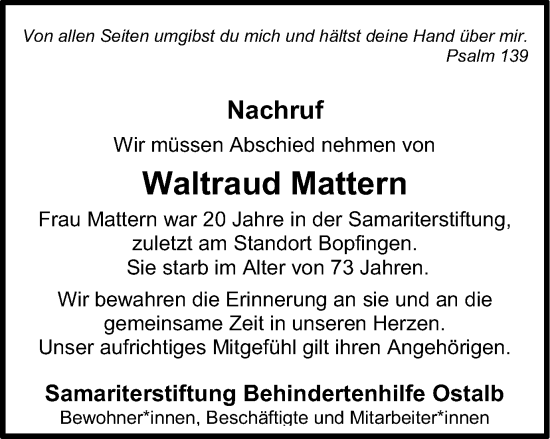 Traueranzeige von Waltraud Mattern von Schwäbische Post
