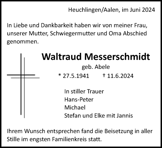 Traueranzeige von Waltraud Messerschmidt von Gmünder Tagespost