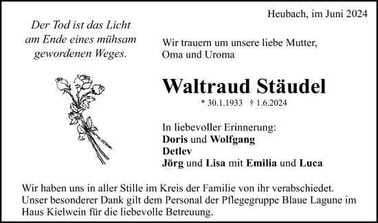 Traueranzeige von Waltraud Stäudel von Gmünder Tagespost