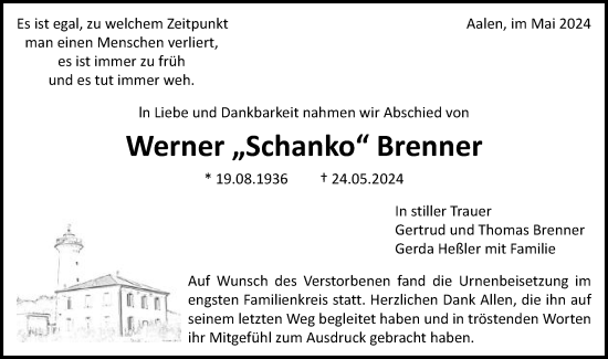 Traueranzeige von Werner Brenner von Schwäbische Post