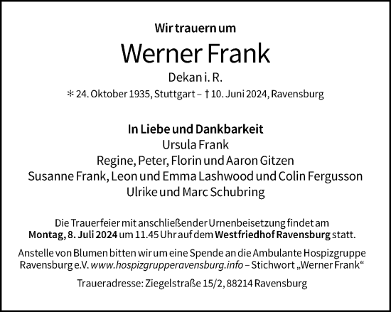 Traueranzeige von Werner Frank von Gmünder Tagespost