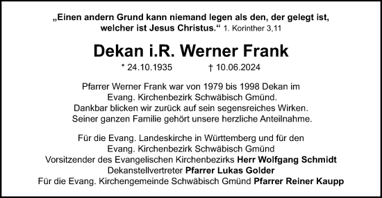 Traueranzeige von Werner Frank von Gmünder Tagespost