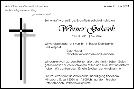 Traueranzeige von Werner Galasek von Schwäbische Post