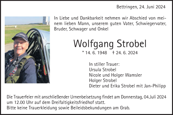 Traueranzeige von Wolfgang Strobel von Gmünder Tagespost