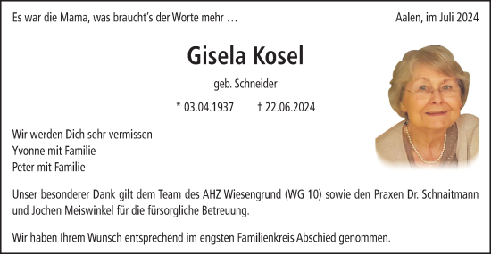 Traueranzeige von Gisela Kosel von Schwäbische Post
