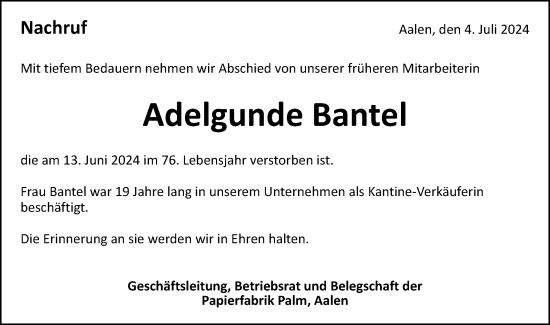 Traueranzeige von Adelgunde Bantel von Schwäbische Post