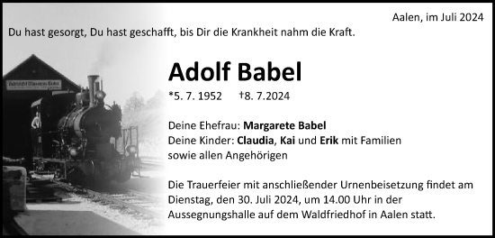 Traueranzeige von Adolf Babel von Schwäbische Post