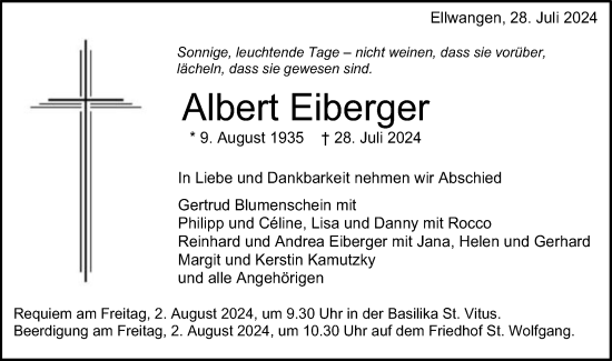 Traueranzeige von Albert Eiberger von Schwäbische Post