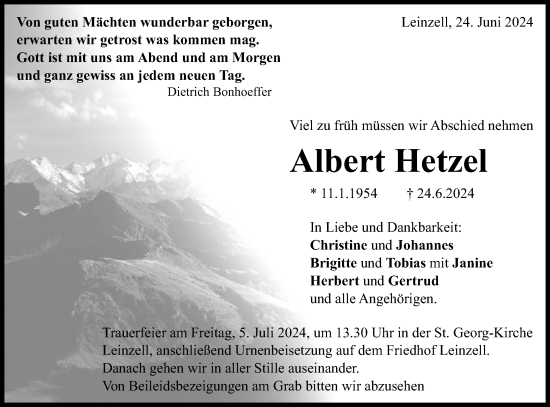Traueranzeige von Albert Hetzel von Gmünder Tagespost