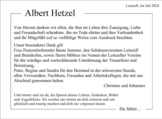 Traueranzeige von Albert Hetzel von Gmünder Tagespost