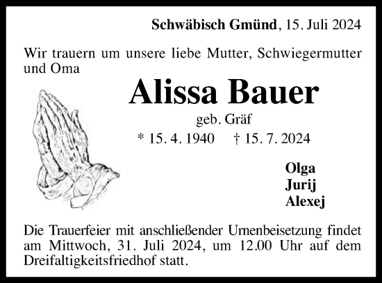Traueranzeige von Alissa Bauer von Gmünder Tagespost