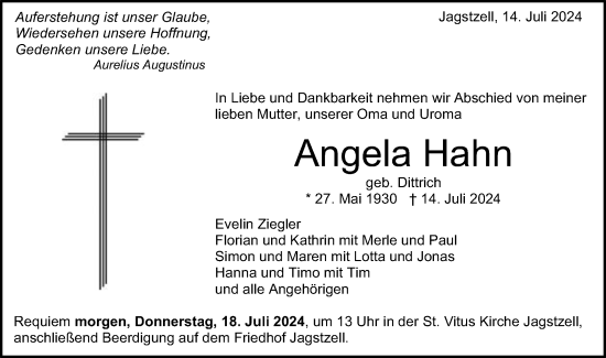 Traueranzeige von Angela Hahn von Schwäbische Post