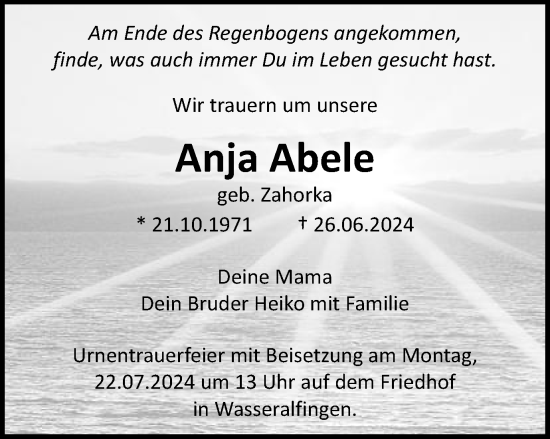 Traueranzeige von Anja Abele von Schwäbische Post