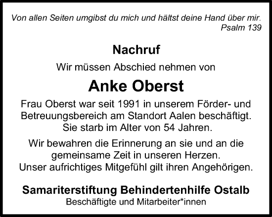 Traueranzeige von Anke Oberst von Schwäbische Post