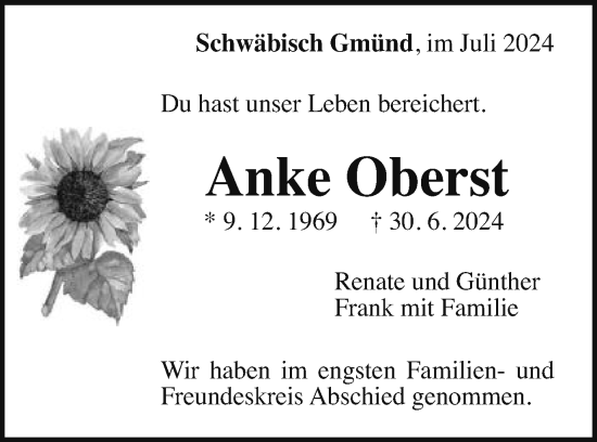 Traueranzeige von Anke Oberst von Gmünder Tagespost