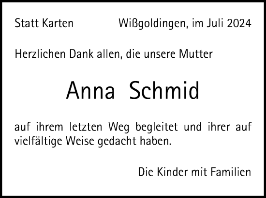 Traueranzeige von Anna Schmid von Gmünder Tagespost