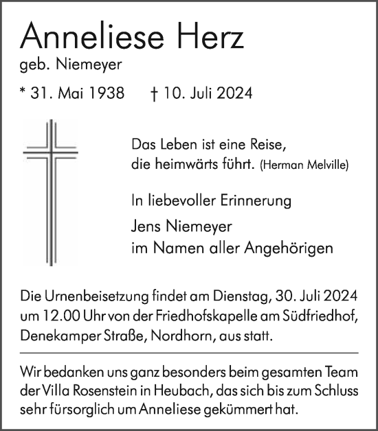 Traueranzeige von Anneliese Herz von Schwäbische Post