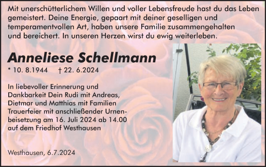 Traueranzeige von Anneliese Schellmann von Schwäbische Post