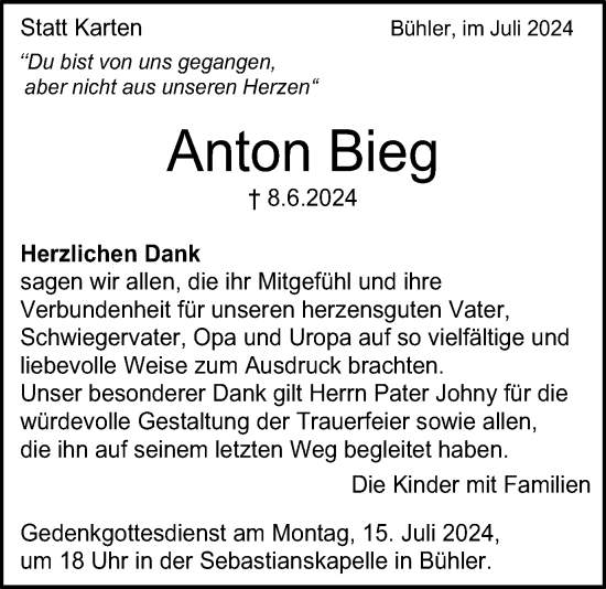 Traueranzeige von Anton Bieg von Schwäbische Post