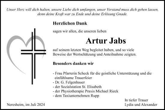 Traueranzeige von Artur Jabs von Schwäbische Post
