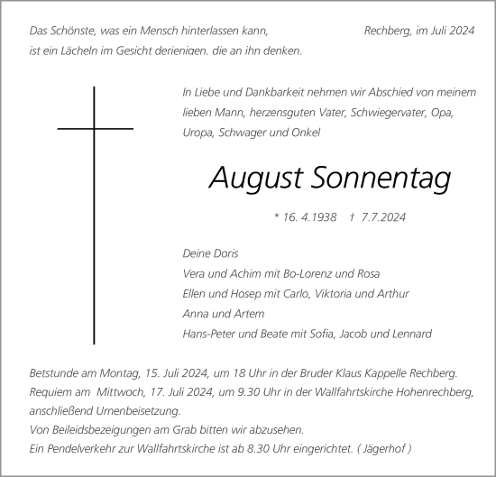 Traueranzeige von August Sonnentag von Gmünder Tagespost
