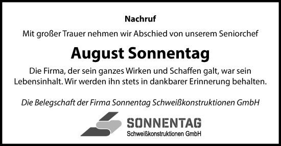 Traueranzeige von August Sonnentag von Gmünder Tagespost